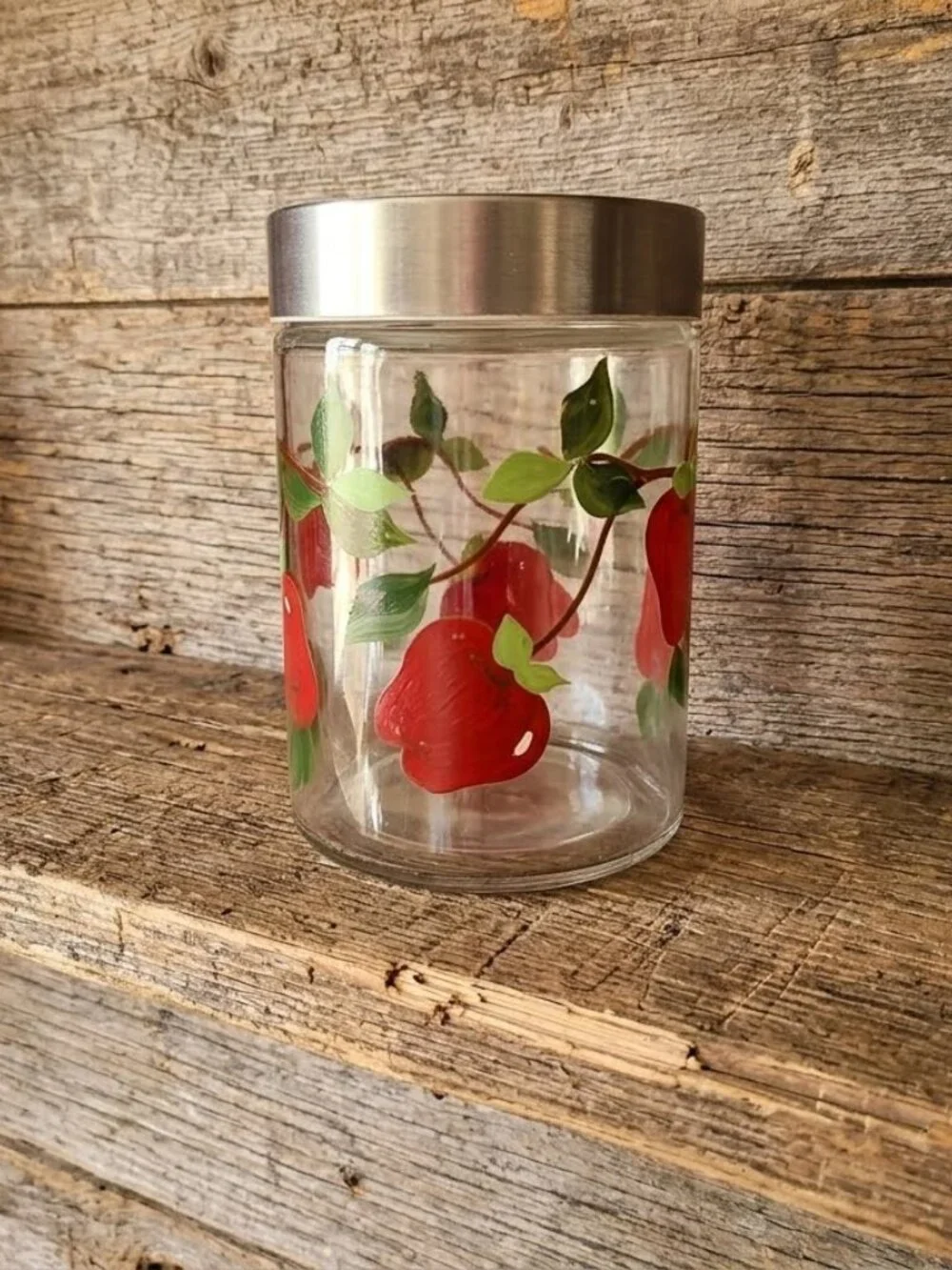 Vintage 1970s Clear Glass Kitchen Storage Canister Jar with Red Apples